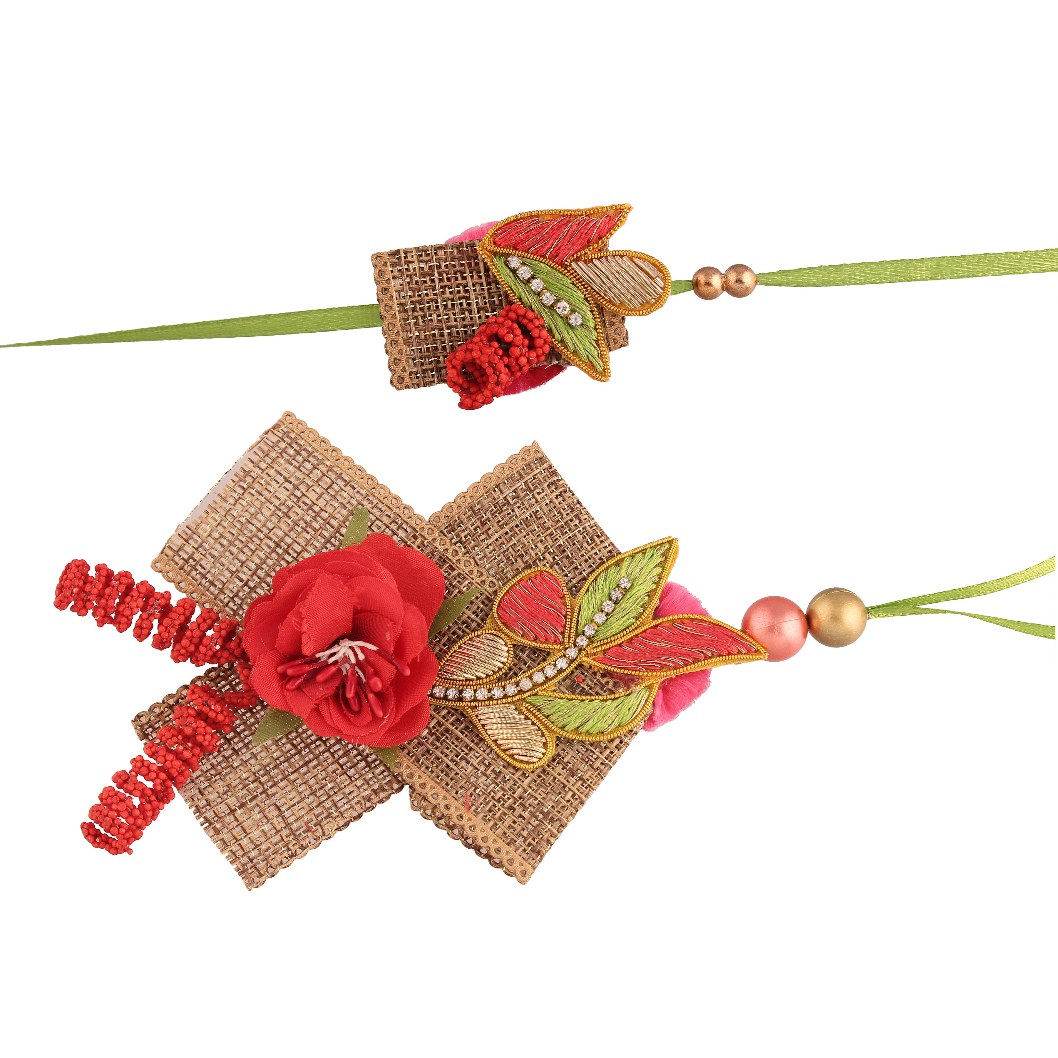 Red Green Pearl Flower Shaped Bhaiya Bhabhi Rakhi With Roli Chawal