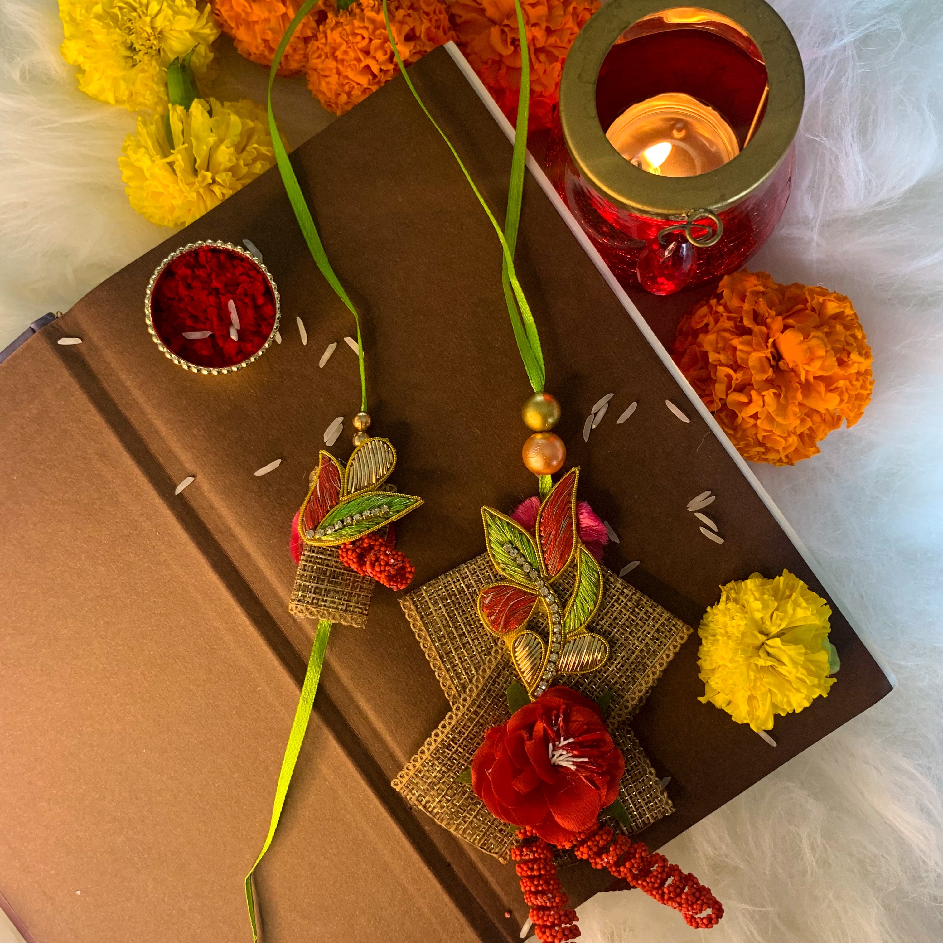 Red Green Pearl Flower Shaped Bhaiya Bhabhi Rakhi With Roli Chawal