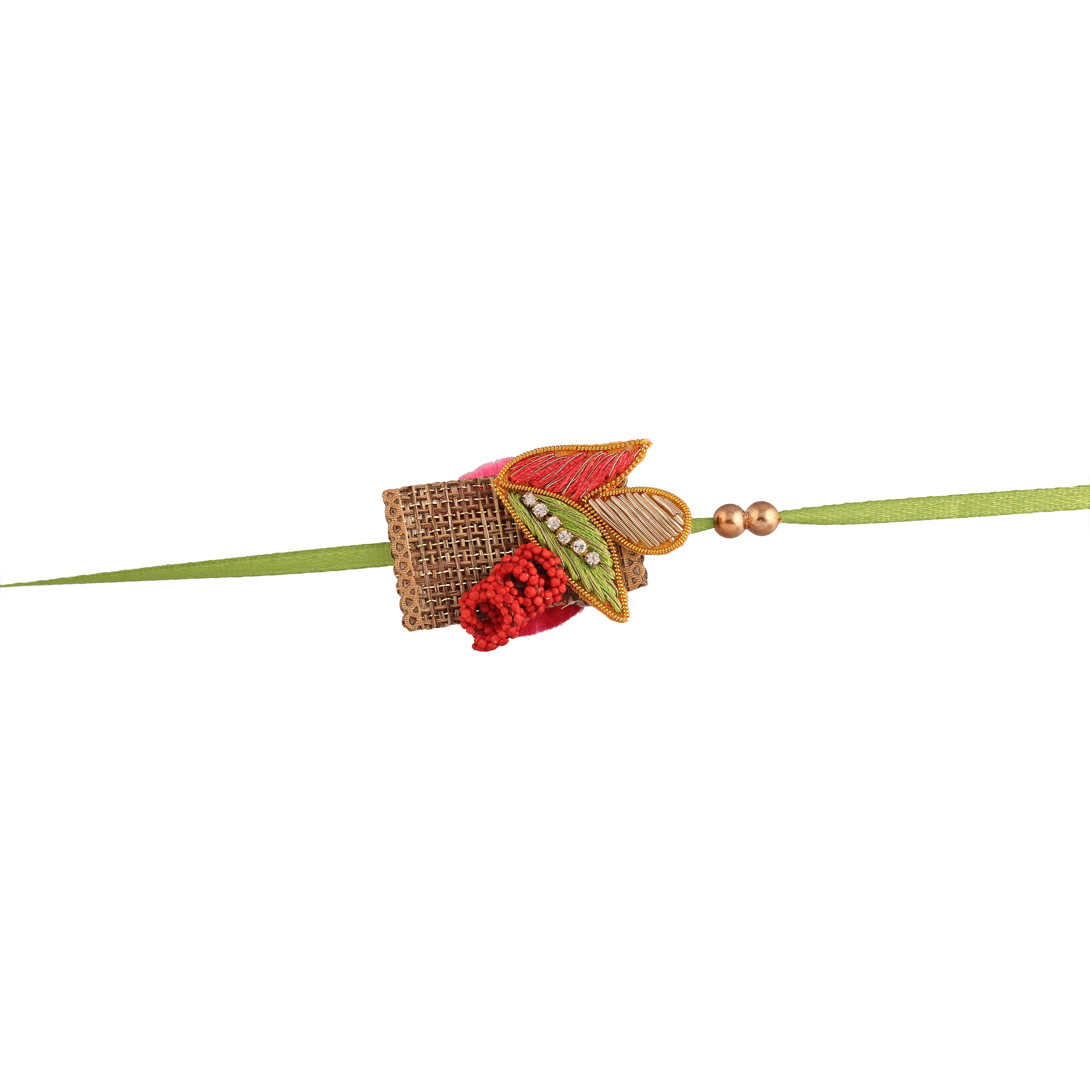 Red Green Pearl Flower Shaped Bhaiya Bhabhi Rakhi With Roli Chawal
