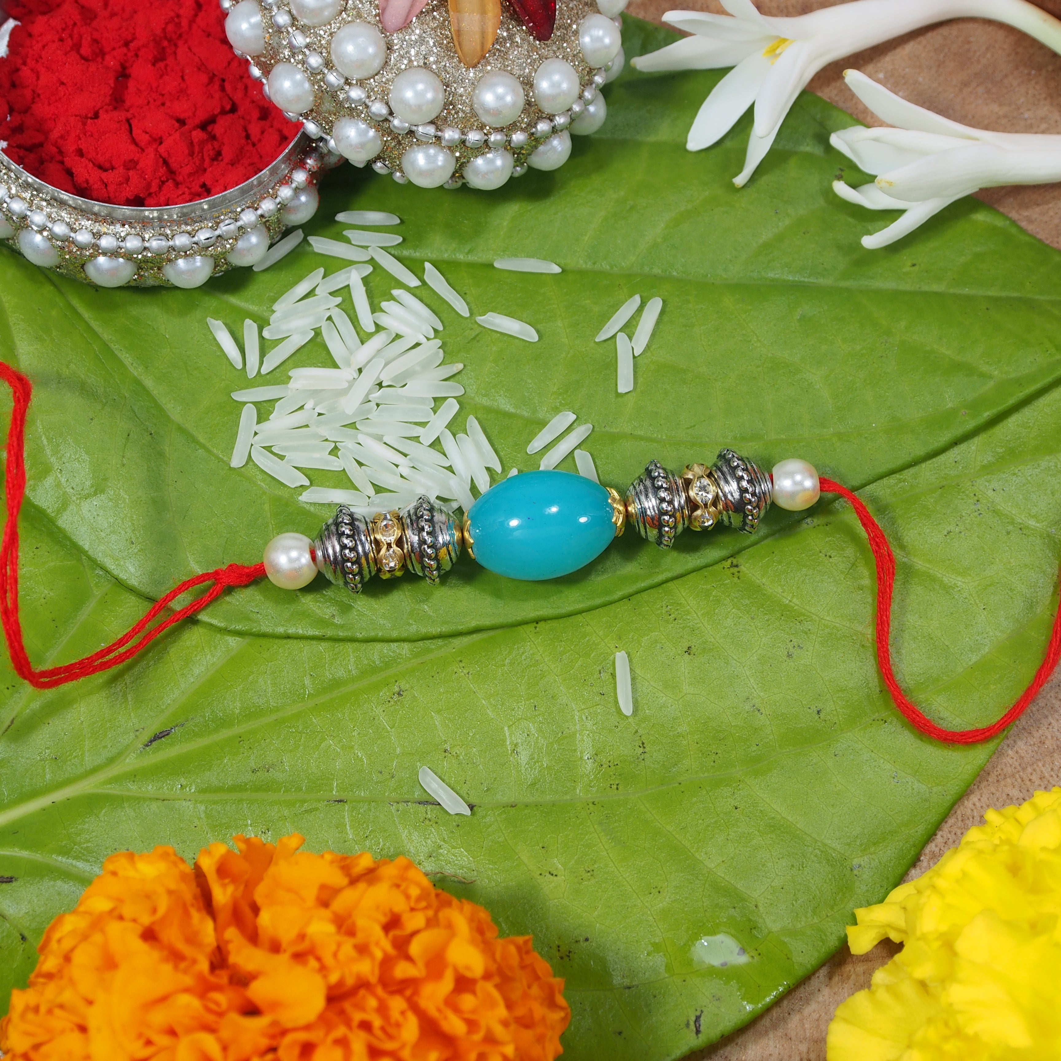 Gold Plated Ethnic Designer Kundan Pearl Rakhi Bracelet for Brother/Men