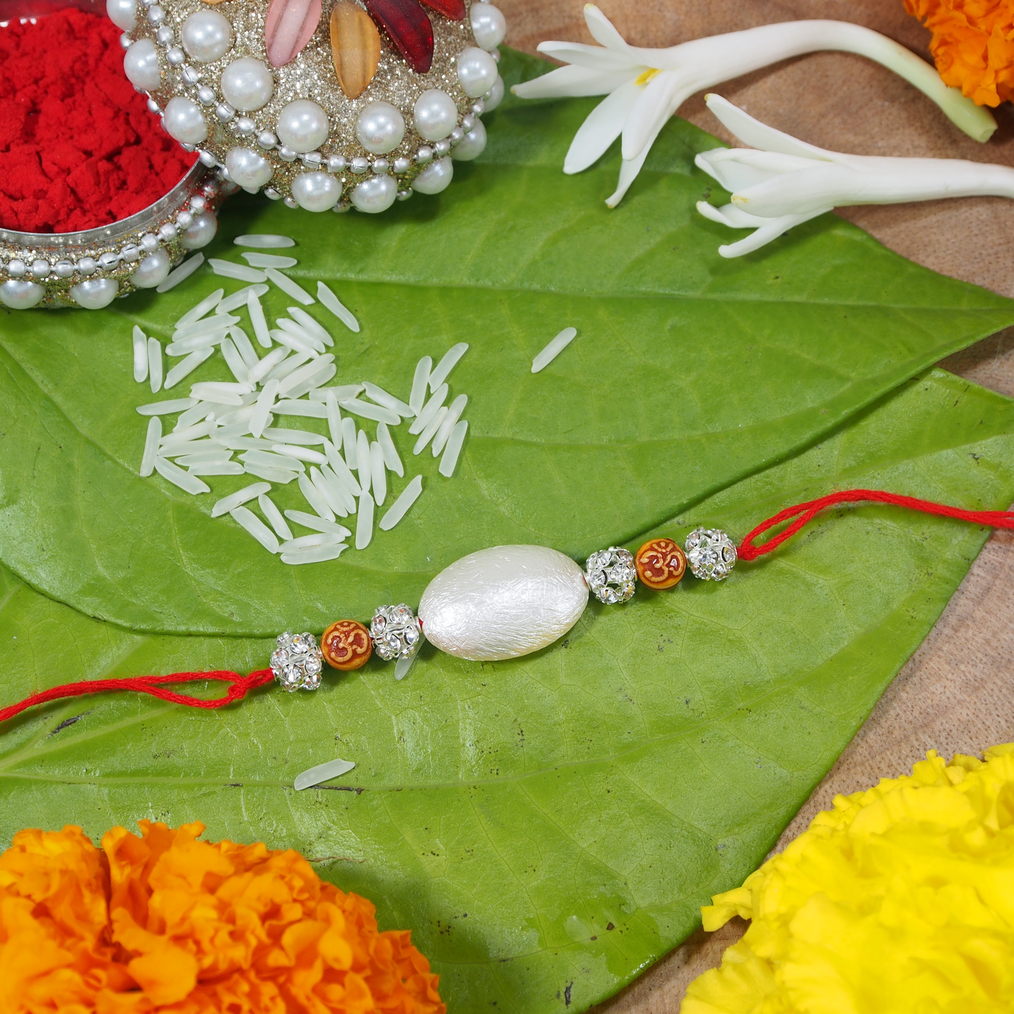 Gold Plated Ethnic Designer Kundan Pearl Rakhi Bracelet for Brother/Men