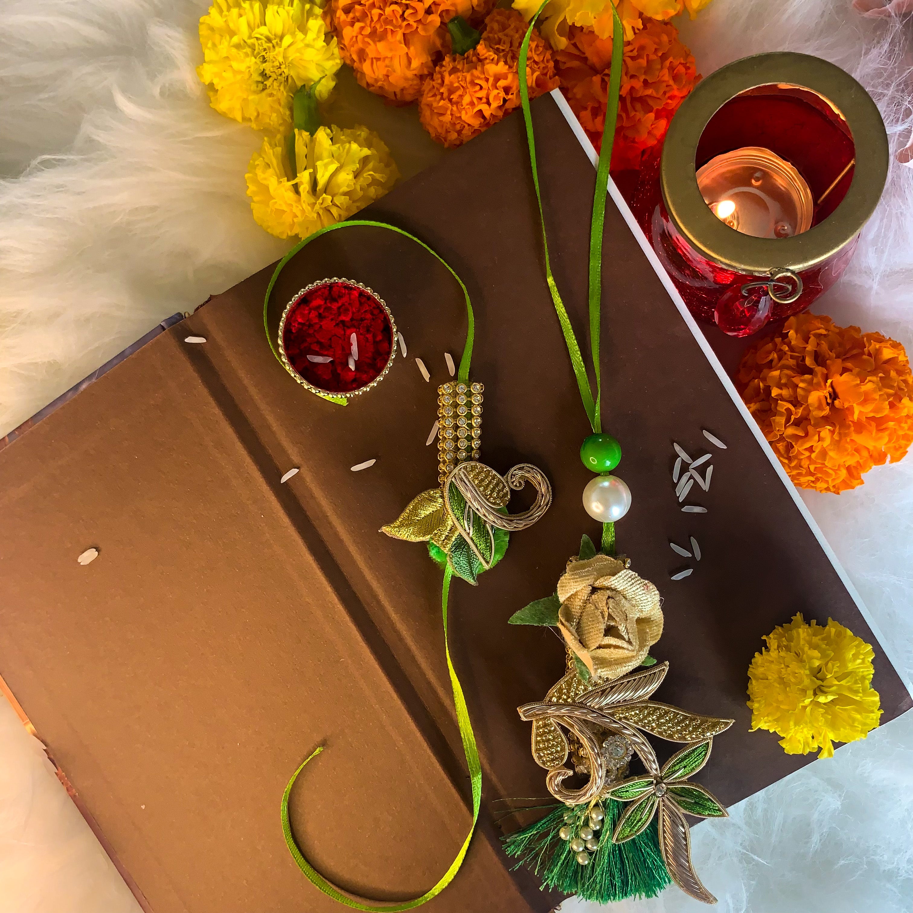 Designer Bhaiya Bhabhi Hanging Lumba & Rakhi Combo Set