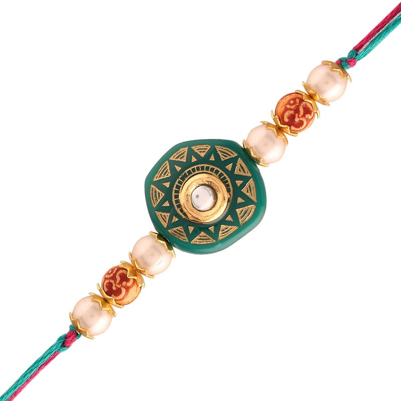 Gold Plated Ethnic Designer Pearl Kundan Rakhi Bracelet for Brother/Men