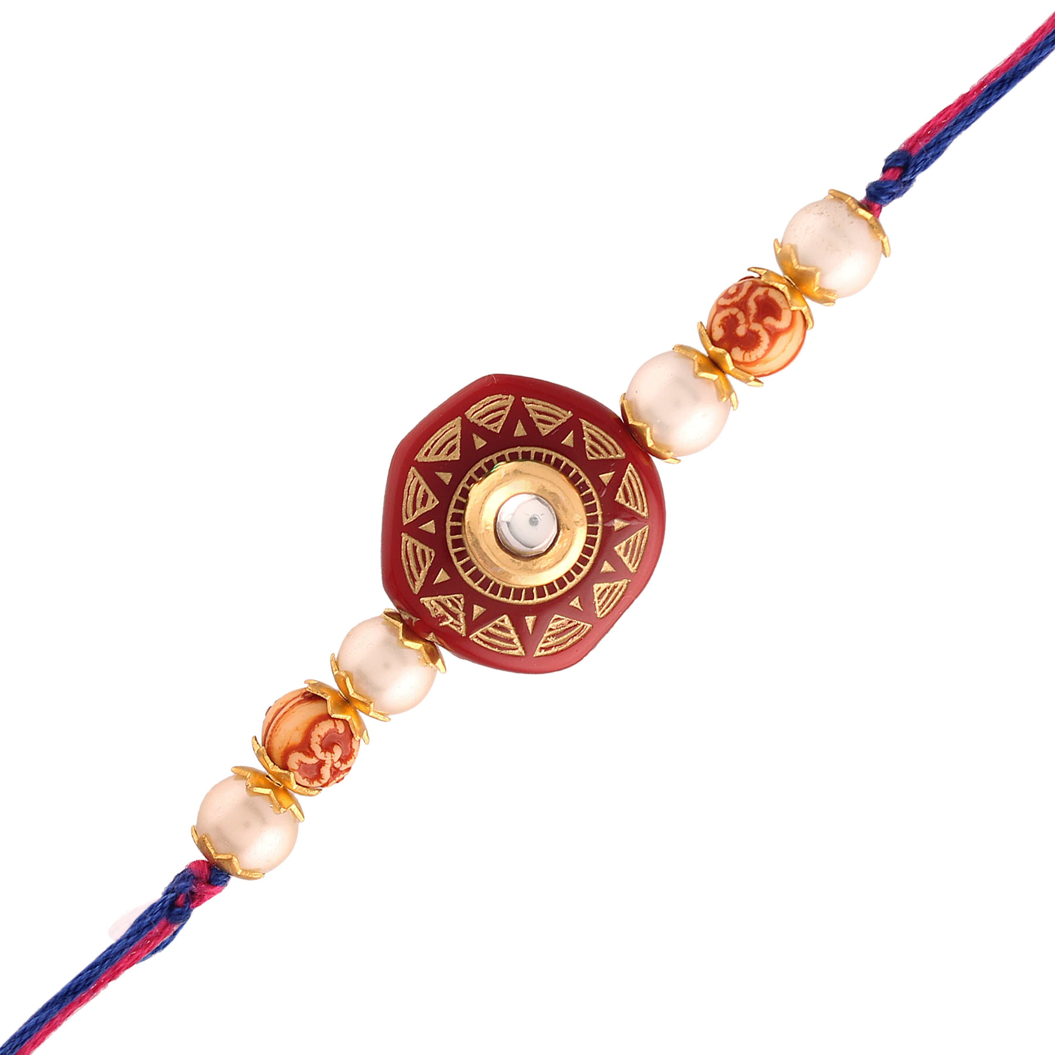 Gold Plated Ethnic Designer Pearl Kundan Rakhi Bracelet for Brother/Men