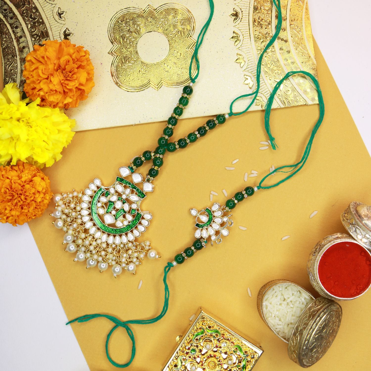 Designer Bhaiya Bhabhi Hanging Lumba & Rakhi Combo Set