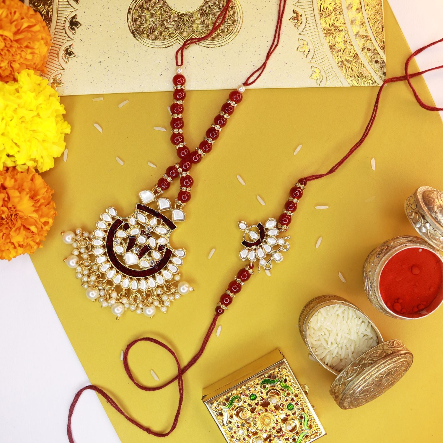 Designer Bhaiya Bhabhi Hanging Lumba & Rakhi Combo Set