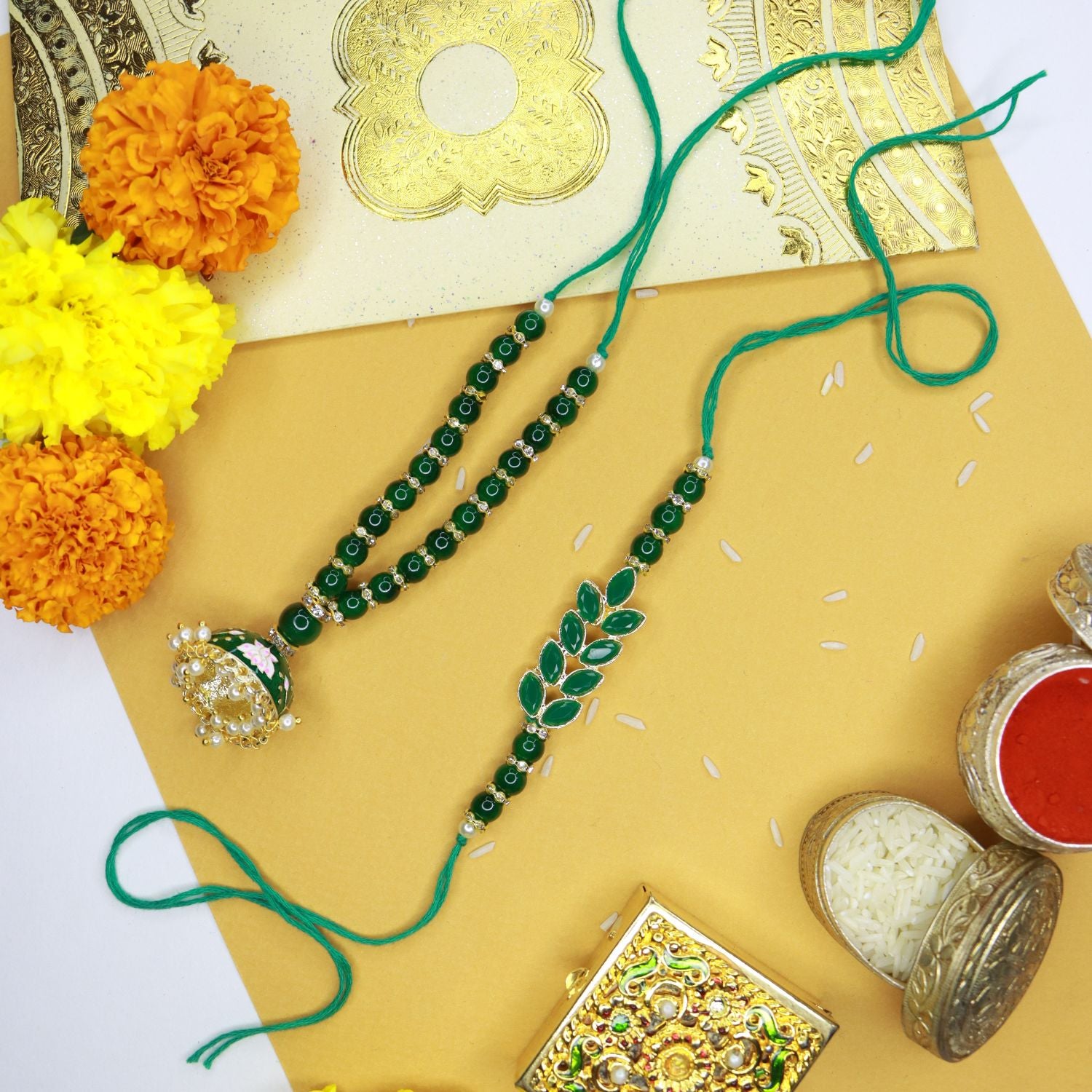Designer Bhaiya Bhabhi Hanging Lumba & Rakhi Combo Set