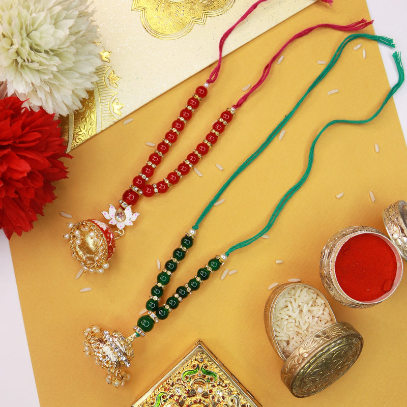 Gold Plated Designer Lumba Kundan Pearl Rakhi For Bhabhi