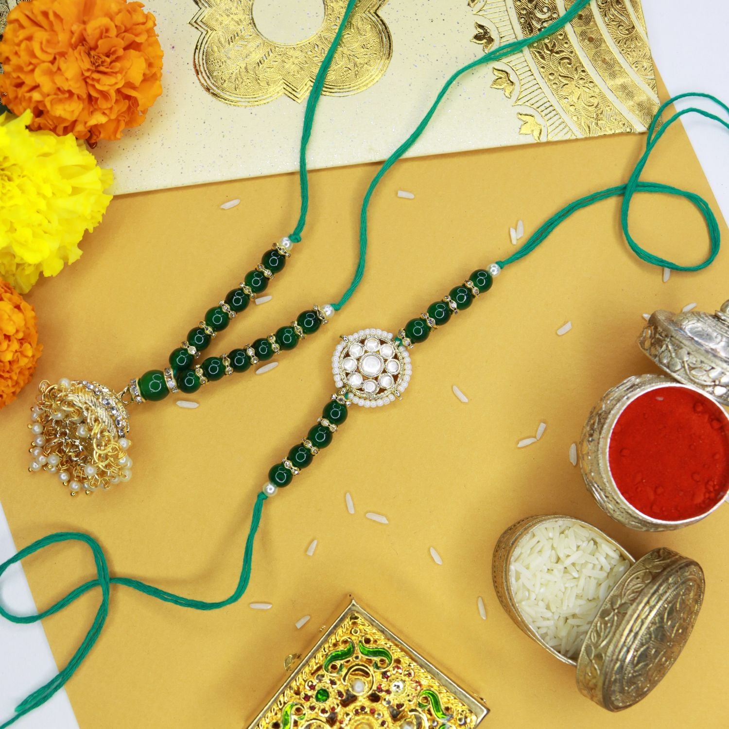 Designer Bhaiya Bhabhi Hanging Lumba & Rakhi Combo Set