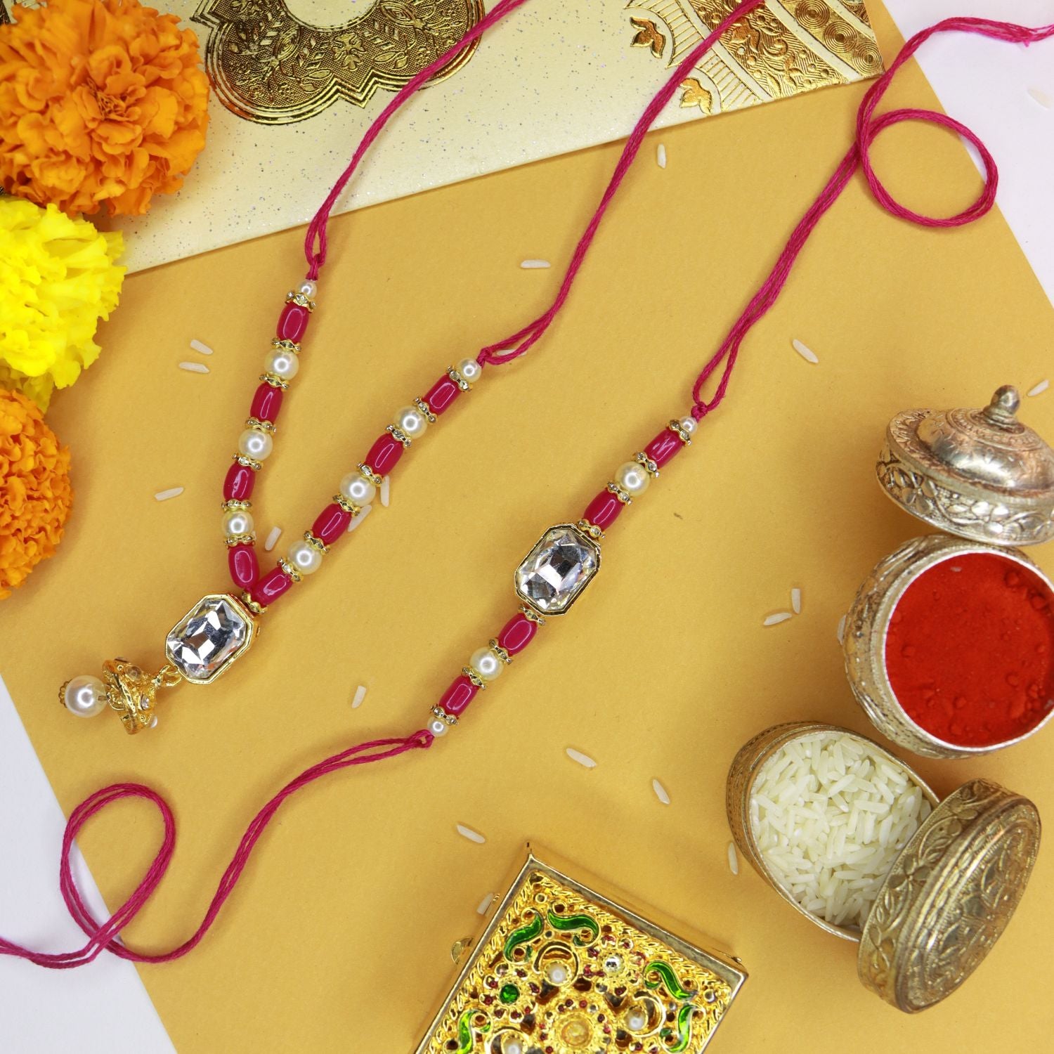 Designer Bhaiya Bhabhi Hanging Lumba & Rakhi Combo Set