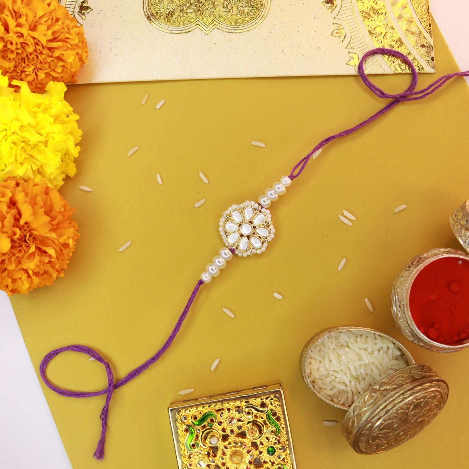 Designer Pearl Beads Studded Rakhi Bracelet for Brother/ Bhaiya