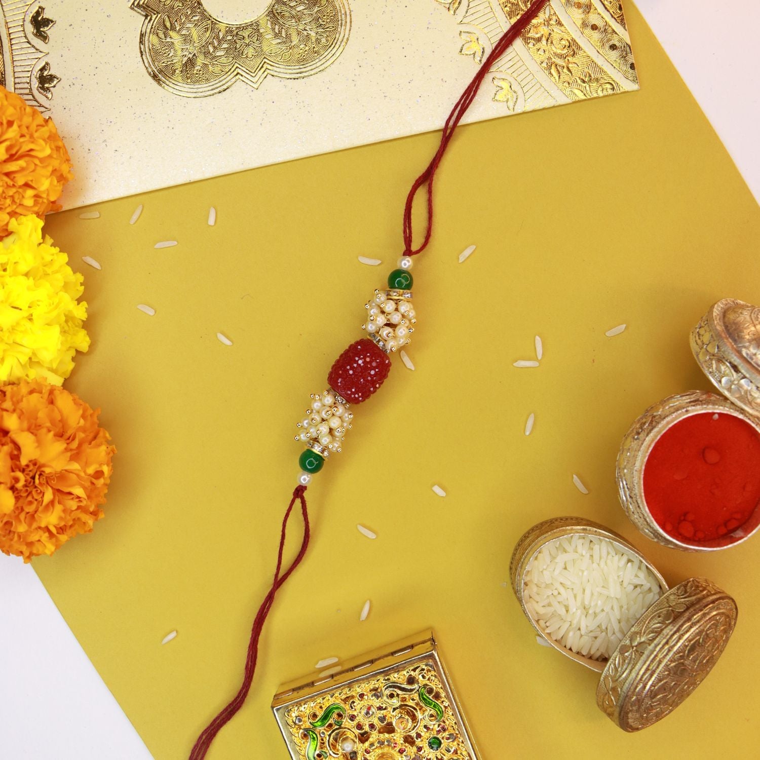 Designer Pearl Beads Studded Rakhi Bracelet for Brother/ Bhaiya