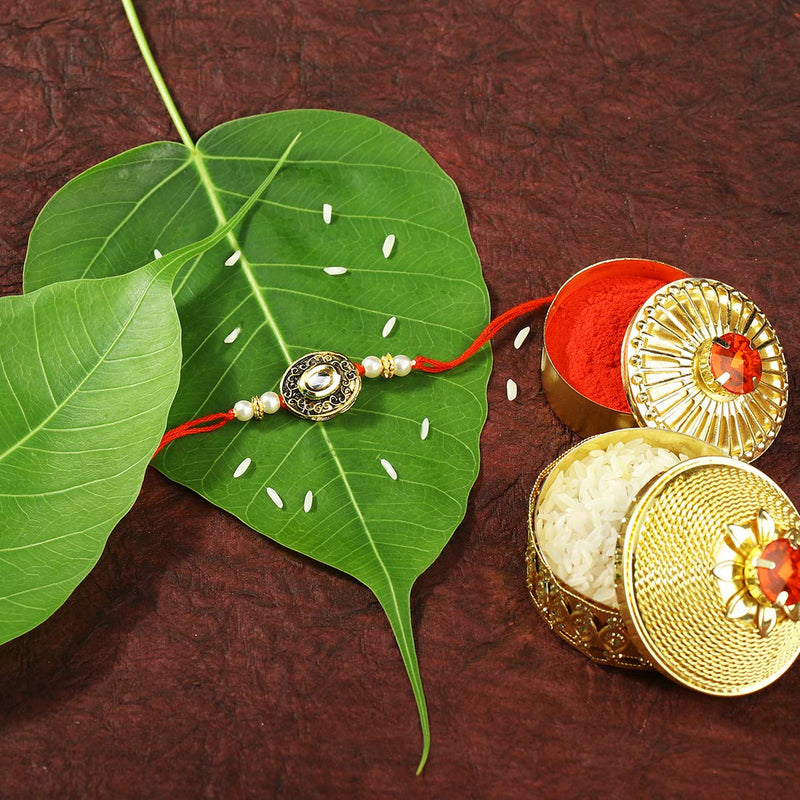 Gold Plated Kundan And Pearl Rakhi for Beloved Brother (R609)