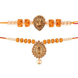 Yellow Gold Plated Pearl and Stone Studded Rakhi for Bhaiya and Bhabhi