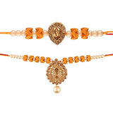 Yellow Gold Plated Pearl and Stone Studded Rakhi for Bhaiya and Bhabhi