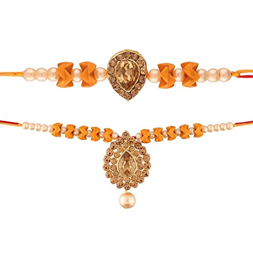 Yellow Gold Plated Pearl and Stone Studded Rakhi for Bhaiya and Bhabhi