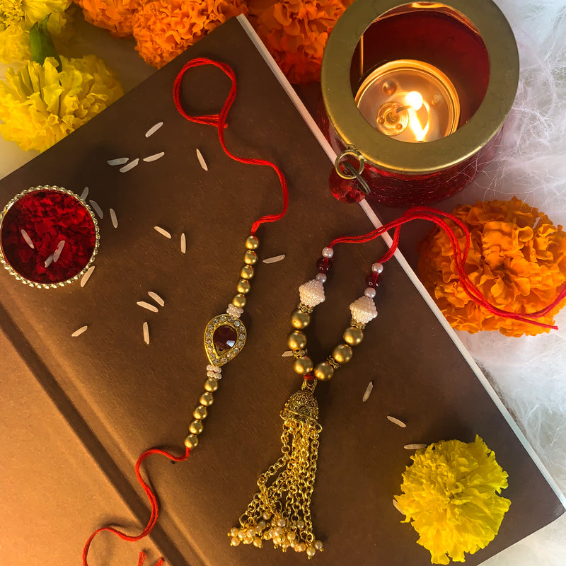 Gold Plated Jhumki Style Bhaiya Bhabhi Rakhi Set