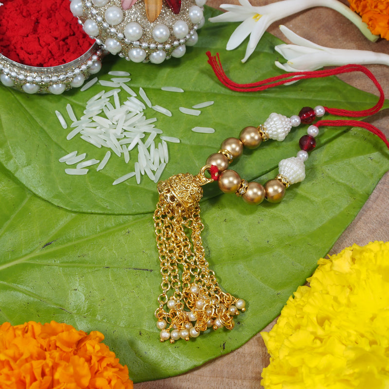 Gold Plated Jhumki Style Lumba Rakhi for Bhabhi