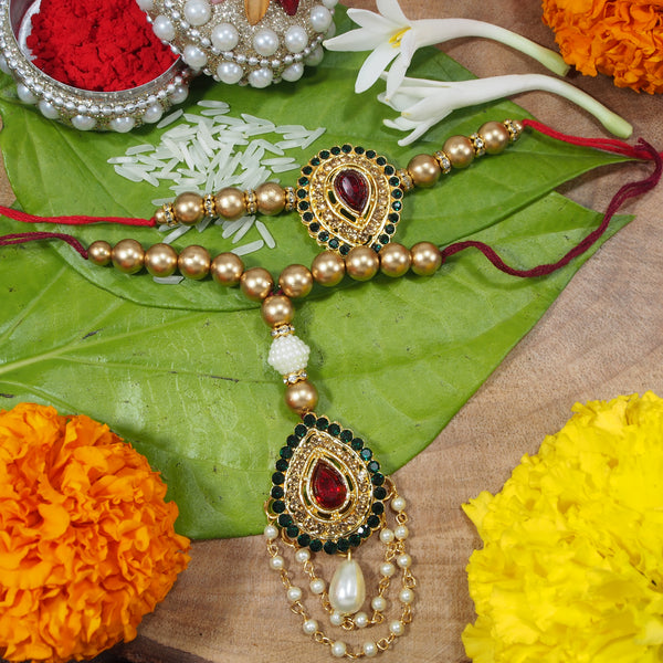 Multicolour Gold Plated Pearl and Stone Studded Bhaiya Bhabhi Rakhi Set for Women and Men