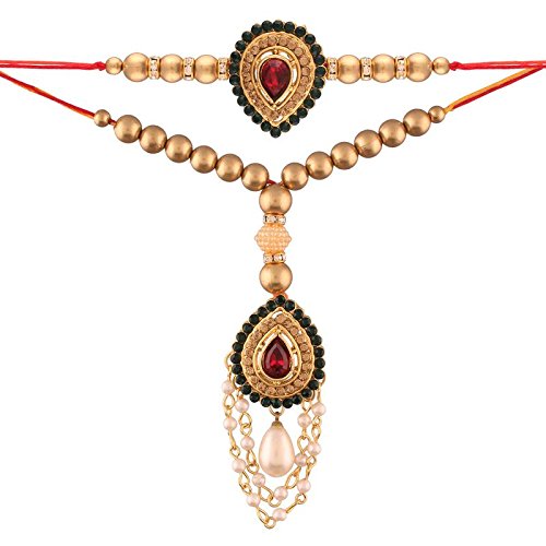 Multicolour Gold Plated Pearl and Stone Studded Bhaiya Bhabhi Rakhi Set for Women and Men