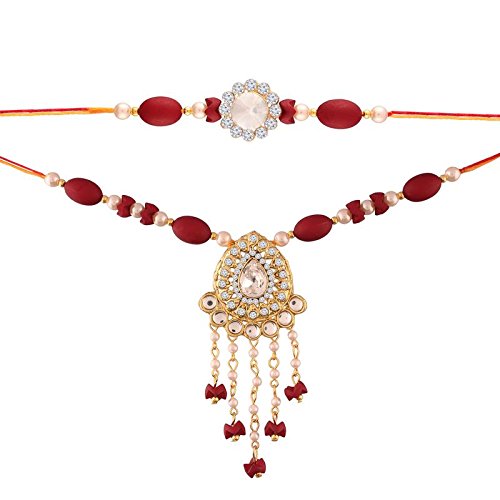 Gold Plated Pearl and Kundan Rakhi Set for Bhaiya Bhabhi