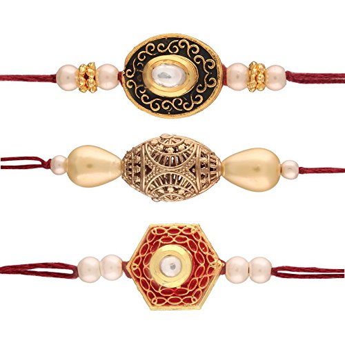 Gold Plated Pearl and Stone Studded Set of 3 Rakhi for Beloved Brother
