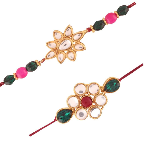 Gold Plated Kundan And Pearl Combo Pack of 2 Rakhi for Beloved Brother (R634-36)