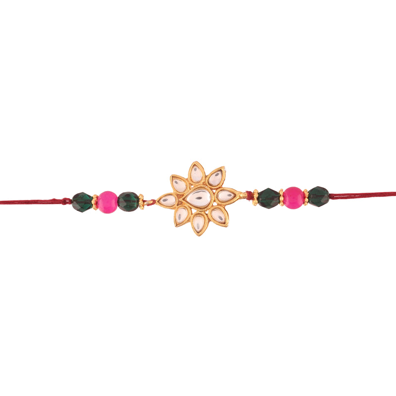 Gold Plated Kundan And Beads Rakhi for Beloved Brother