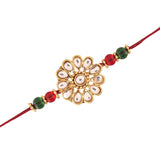 Gold Plated Red and Green Kundan and Beads Rakhi for Men