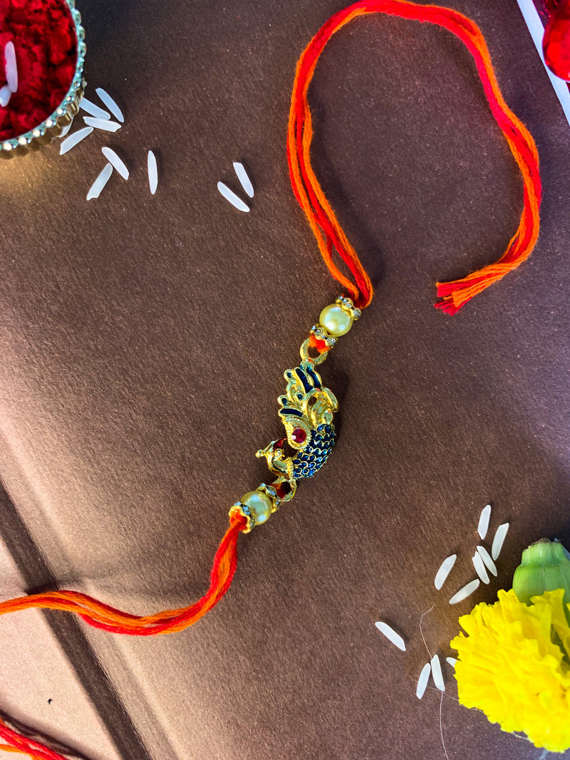 Gold Plated Designer CZ Pearl Multi-Colour Peacock Rakhi for Men-Boys (R702)