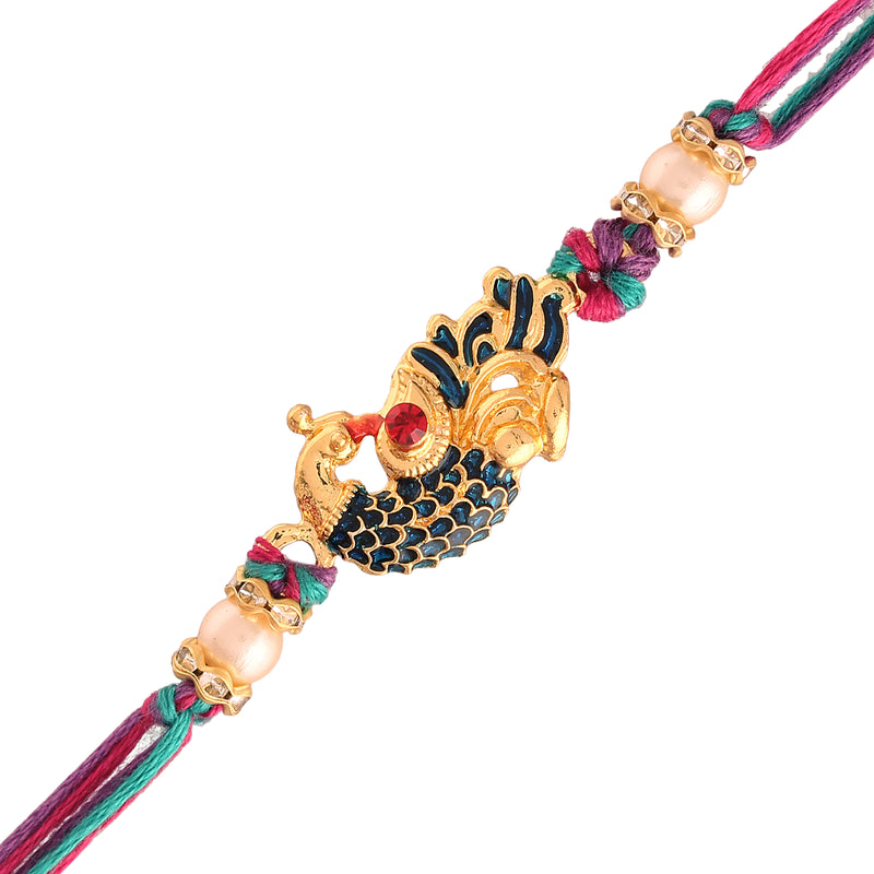 Gold Plated Designer CZ Pearl Multi-Colour Peacock Rakhi for Men-Boys (R702)