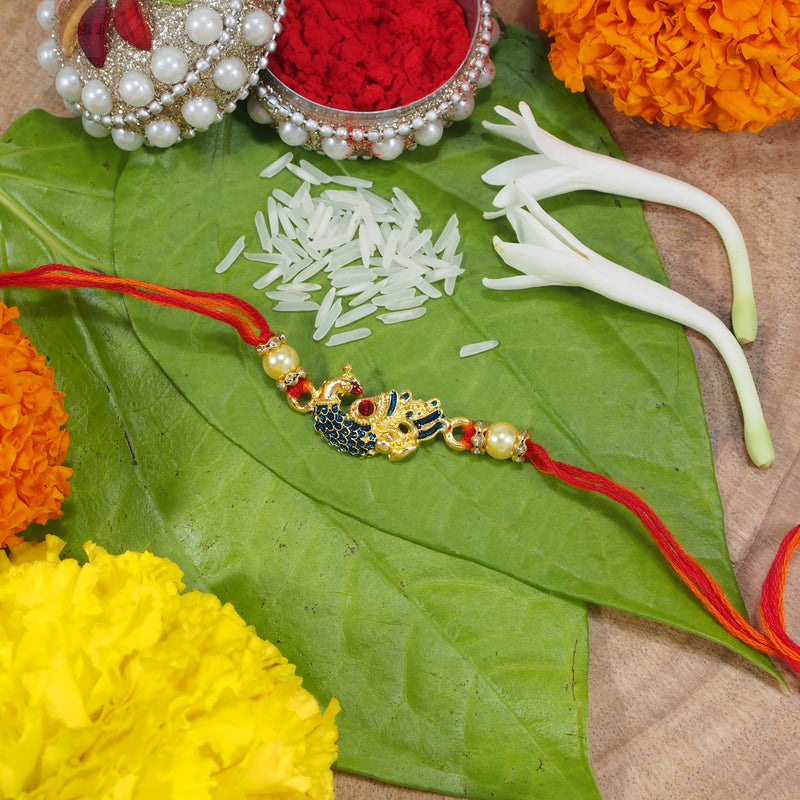 Gold Plated Designer CZ Pearl Multi-Colour Peacock Rakhi for Men-Boys (R702)