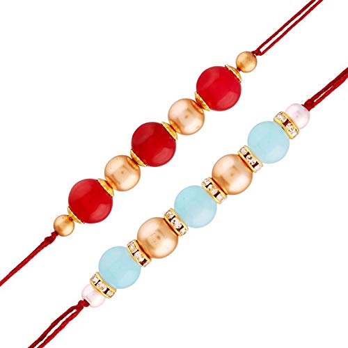 Gold Plated Designer Pearl Multi-Colour Combo Rakhi for Men-Boys Pack of 2
