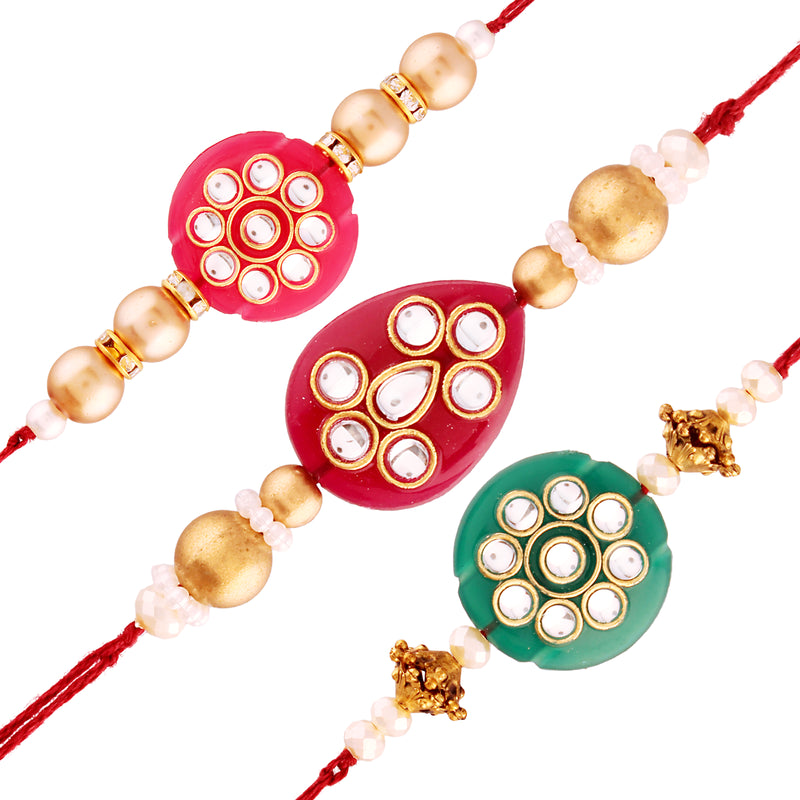 Gold Plated Designer Kundan Pearl Multi-Colour Rakhi For Men/Boys Pack Of 3