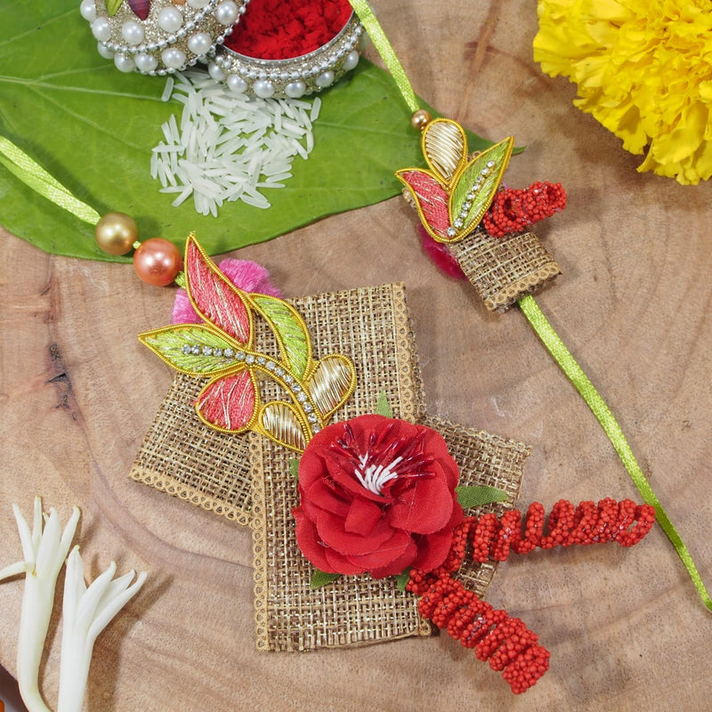 Red Green Pearl Flower Shaped Bhaiya Bhabhi Rakhi With Roli Chawal