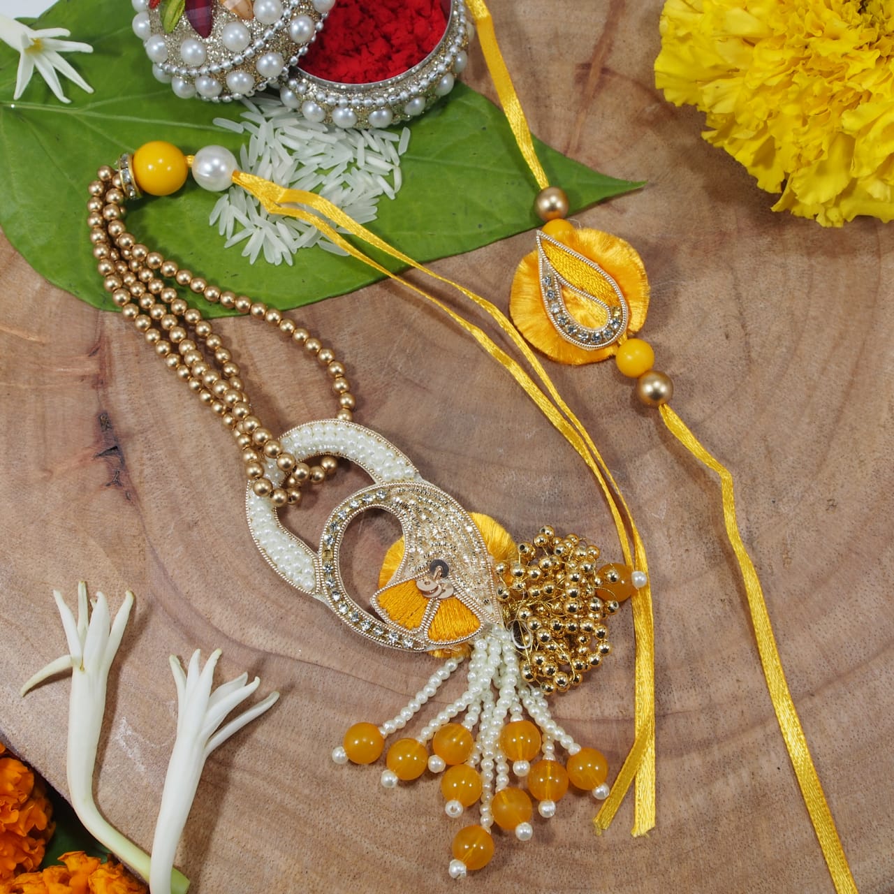 Yellow Pearl Bead Bhaiya Bhabhi Rakhi With Roli Chawal