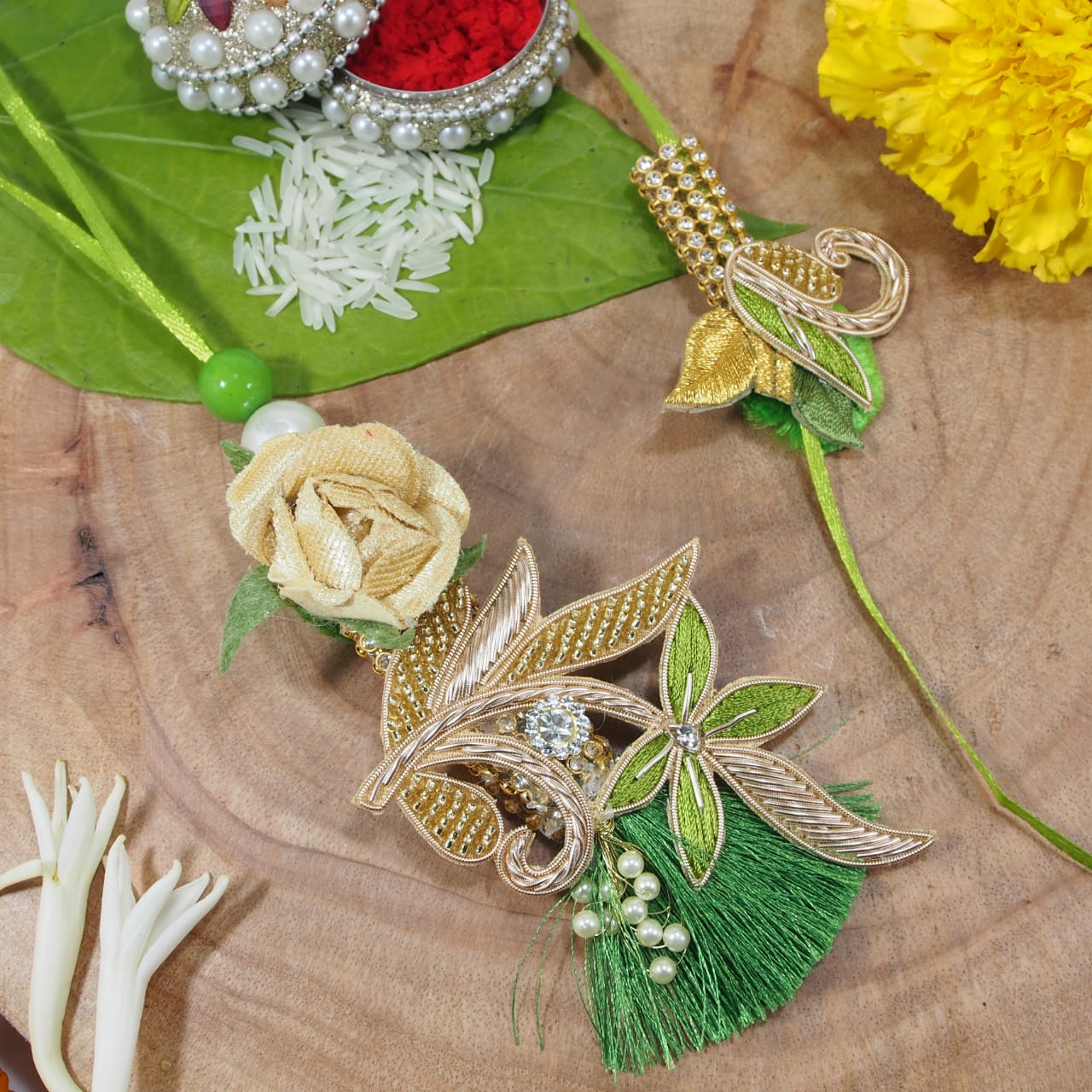 Designer Bhaiya Bhabhi Hanging Lumba & Rakhi Combo Set