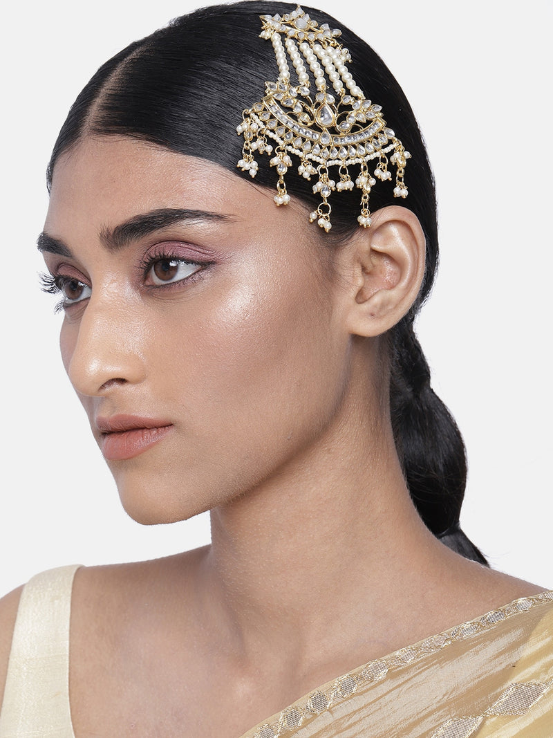 kundan , stones studed , pearls maangtikka